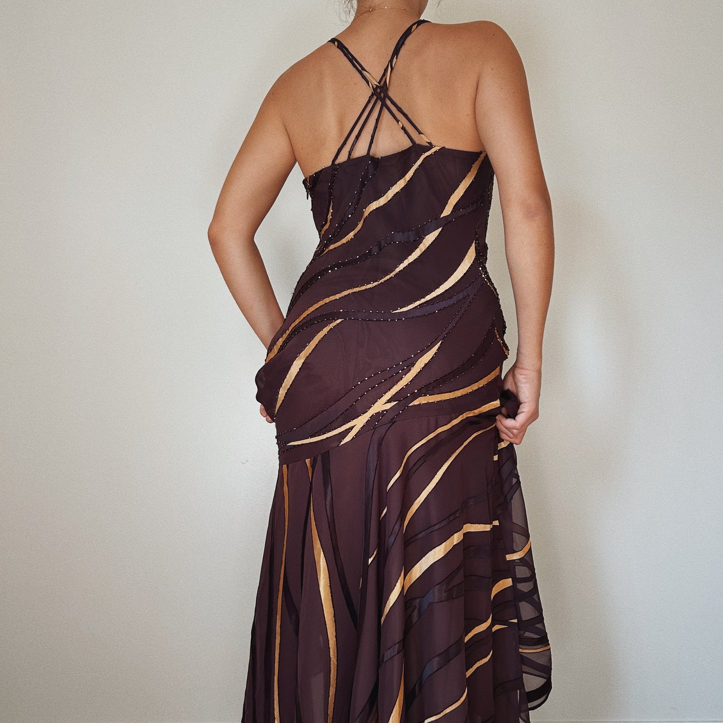 Chocolate Beaded Striped Gown