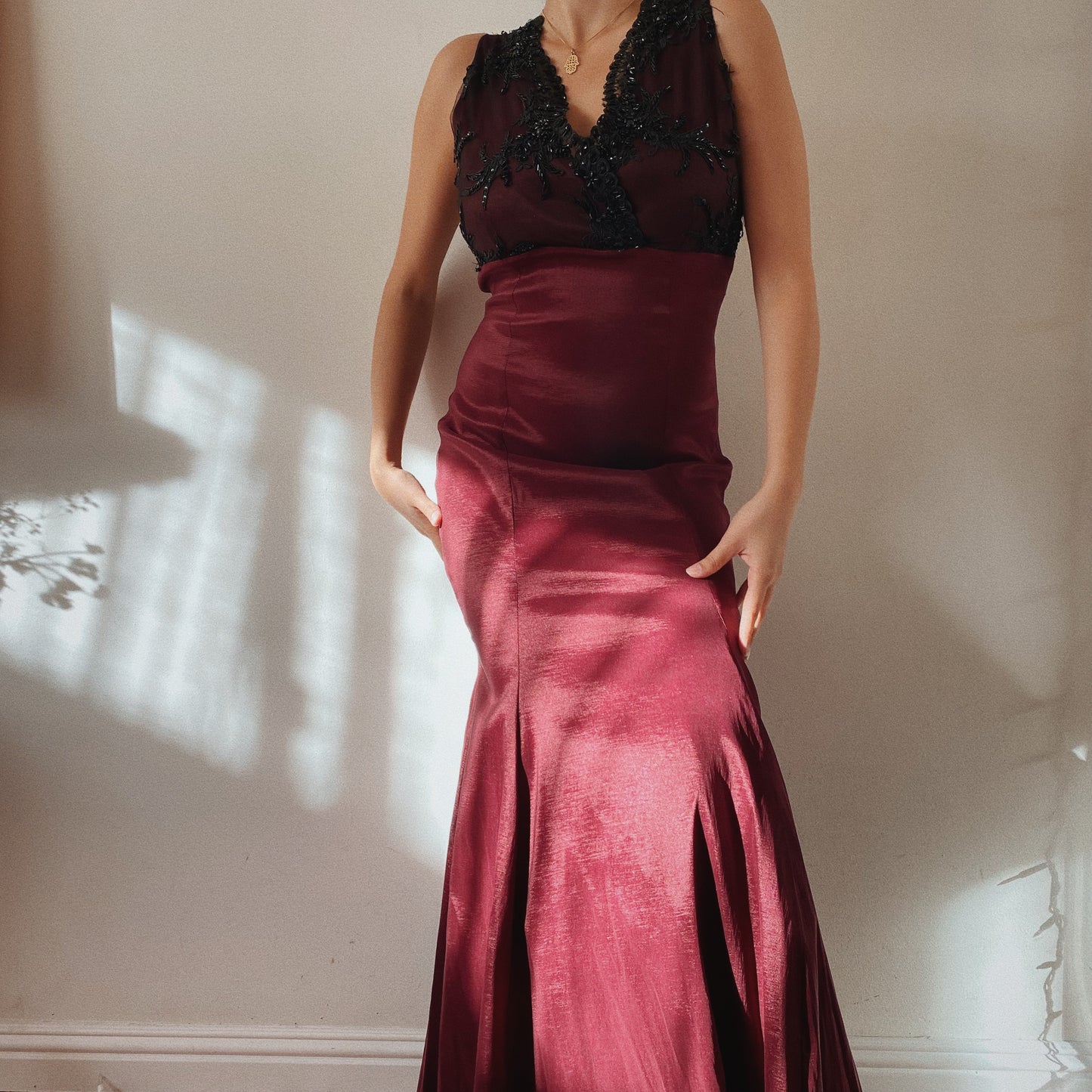 Burgundy Fishtail Gown with Beaded Bustier