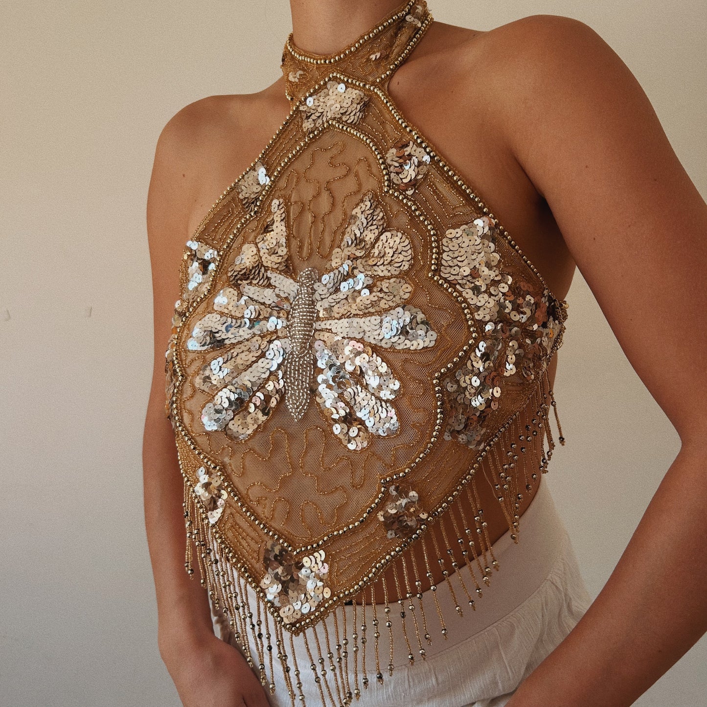 Viral Golden Butterfly Beaded Halter Top
