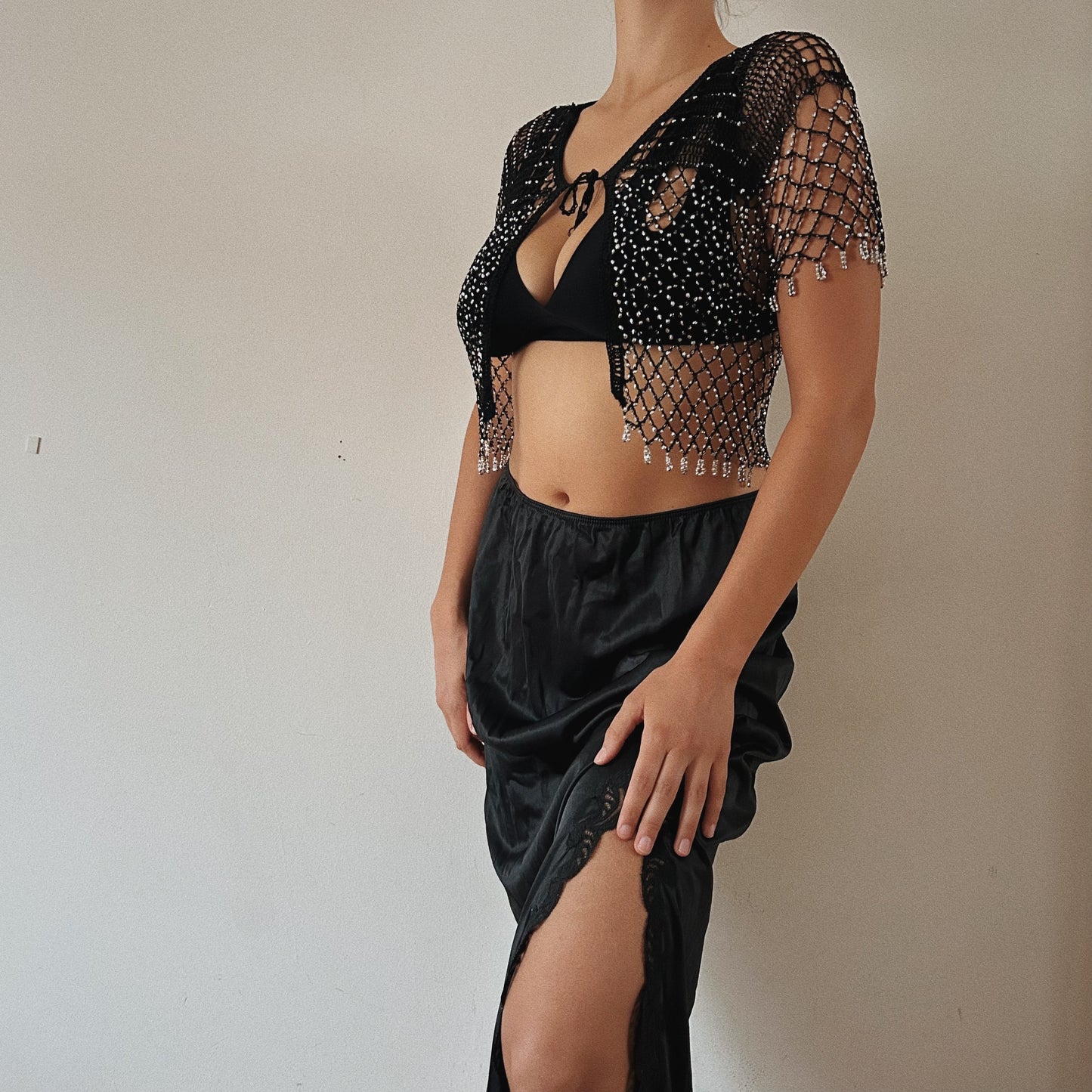Beaded Black Cropped Cardigan