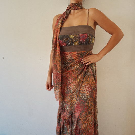 Silky Beaded Gown with Scarf