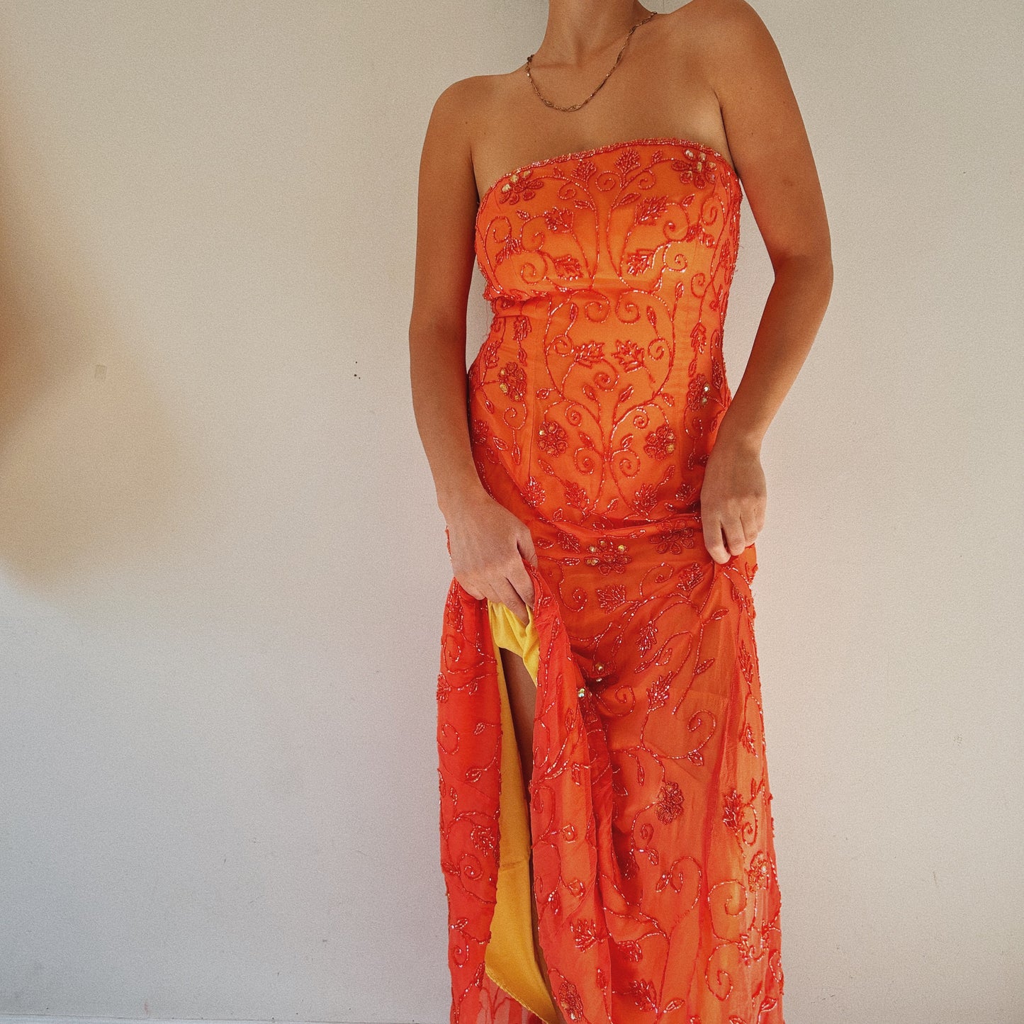 Silk Bright Orange Beaded Strapless Dress