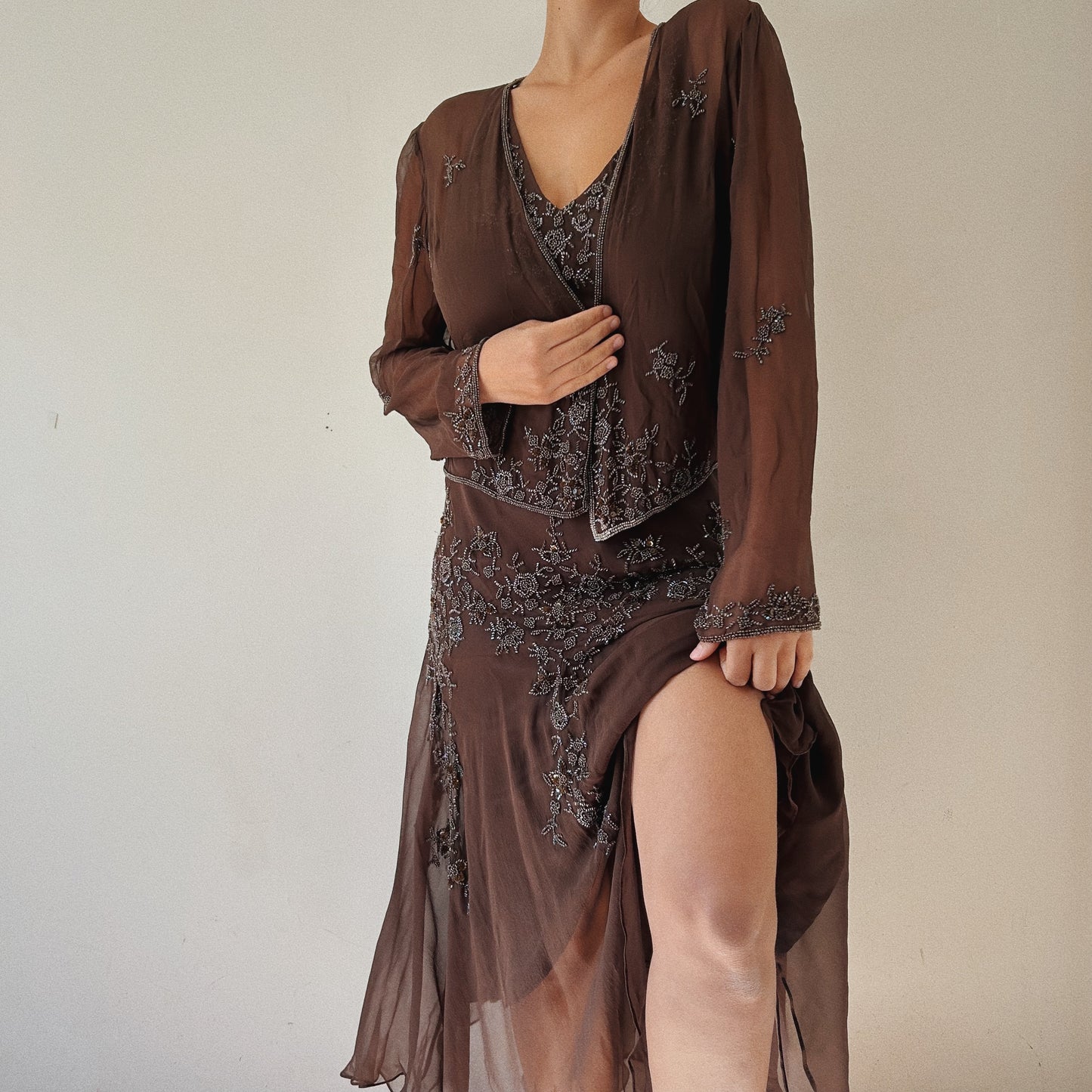 100% Silk Brown Beaded Dress