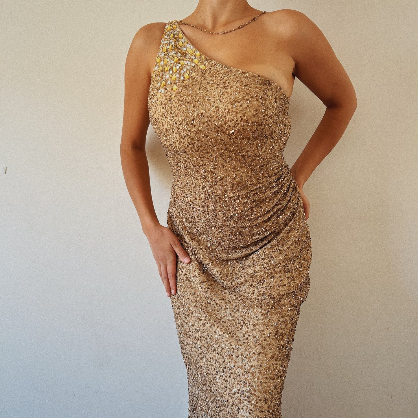 Stunning Golden One Shoulder Beaded Gown