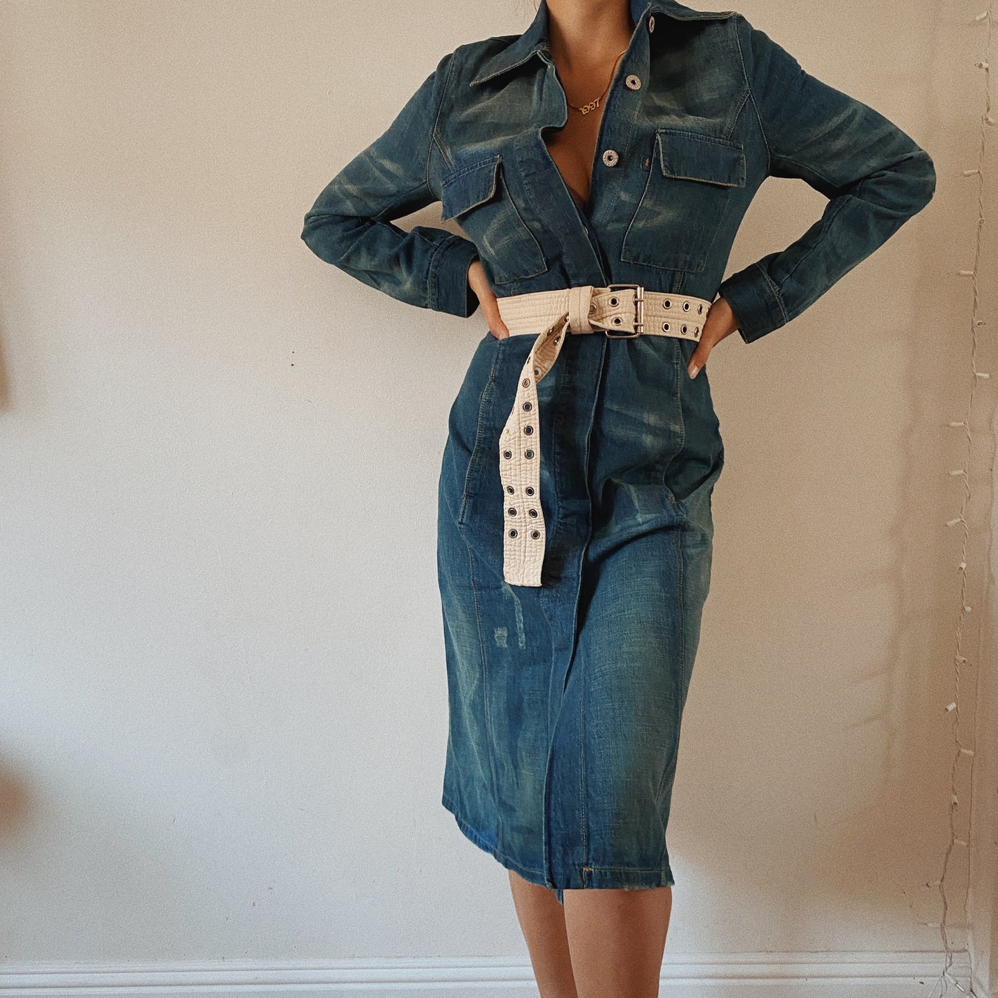 Long sleeve denim button up dress