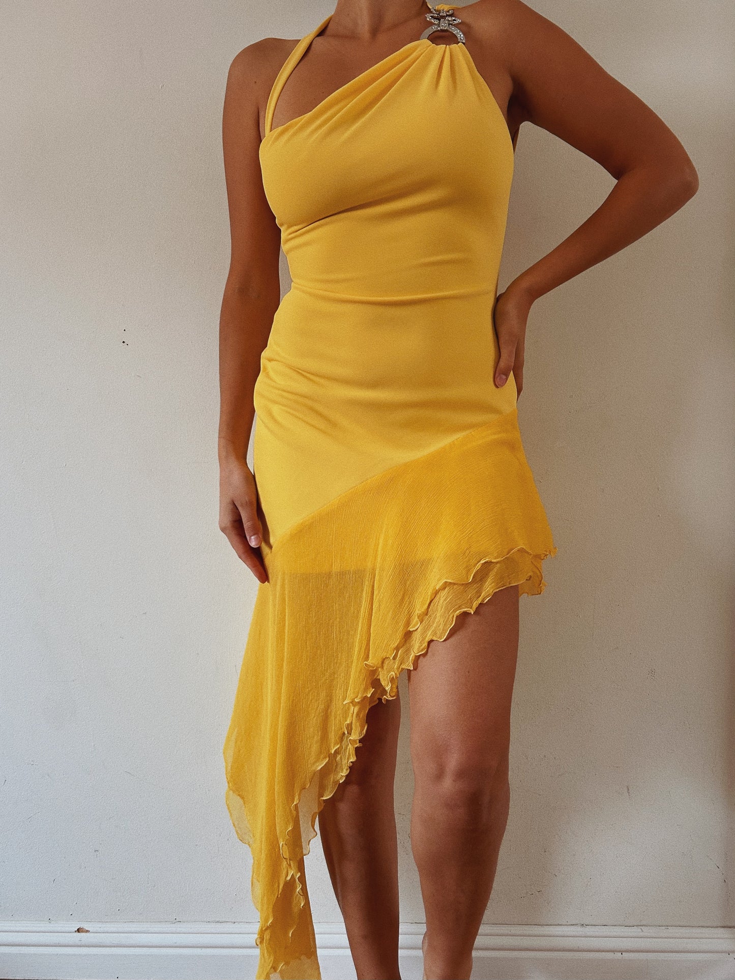 Vibrant Caché Yellow Asymmetrical Dress
