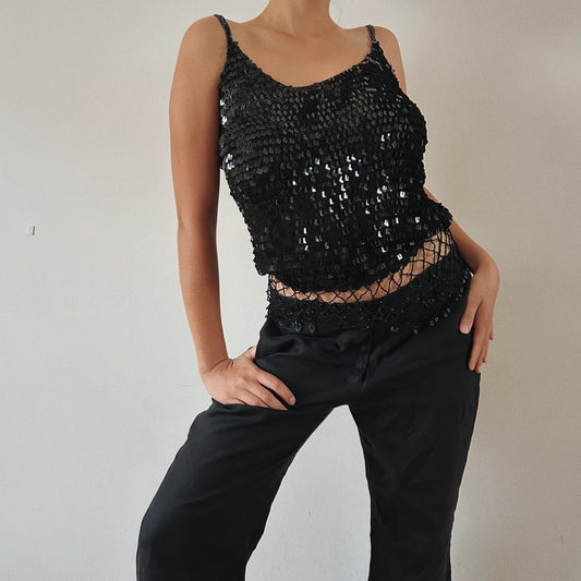 Sequins and Crochet Black Beaded Top