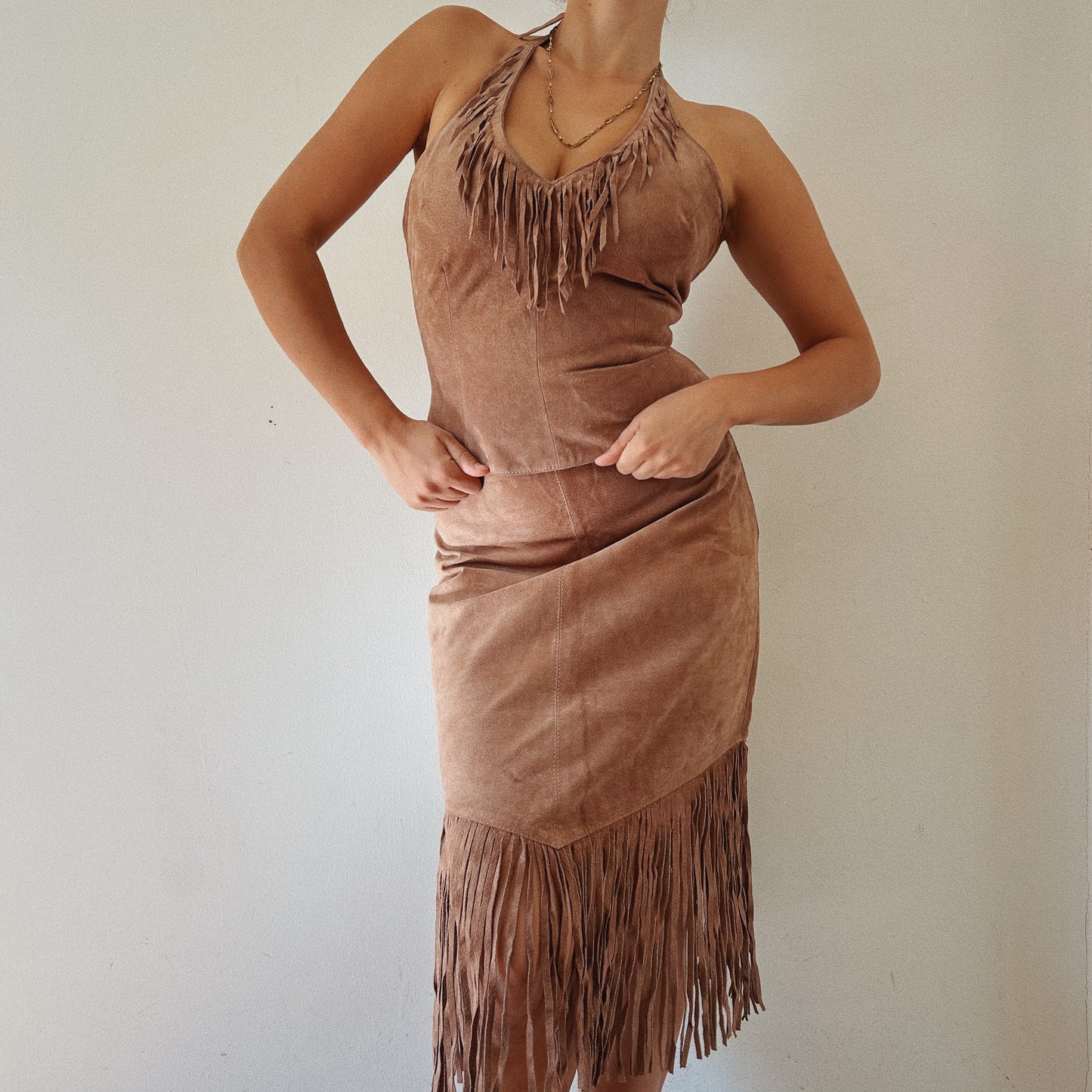 Suede Fringe Corset and Skirt Boho Set