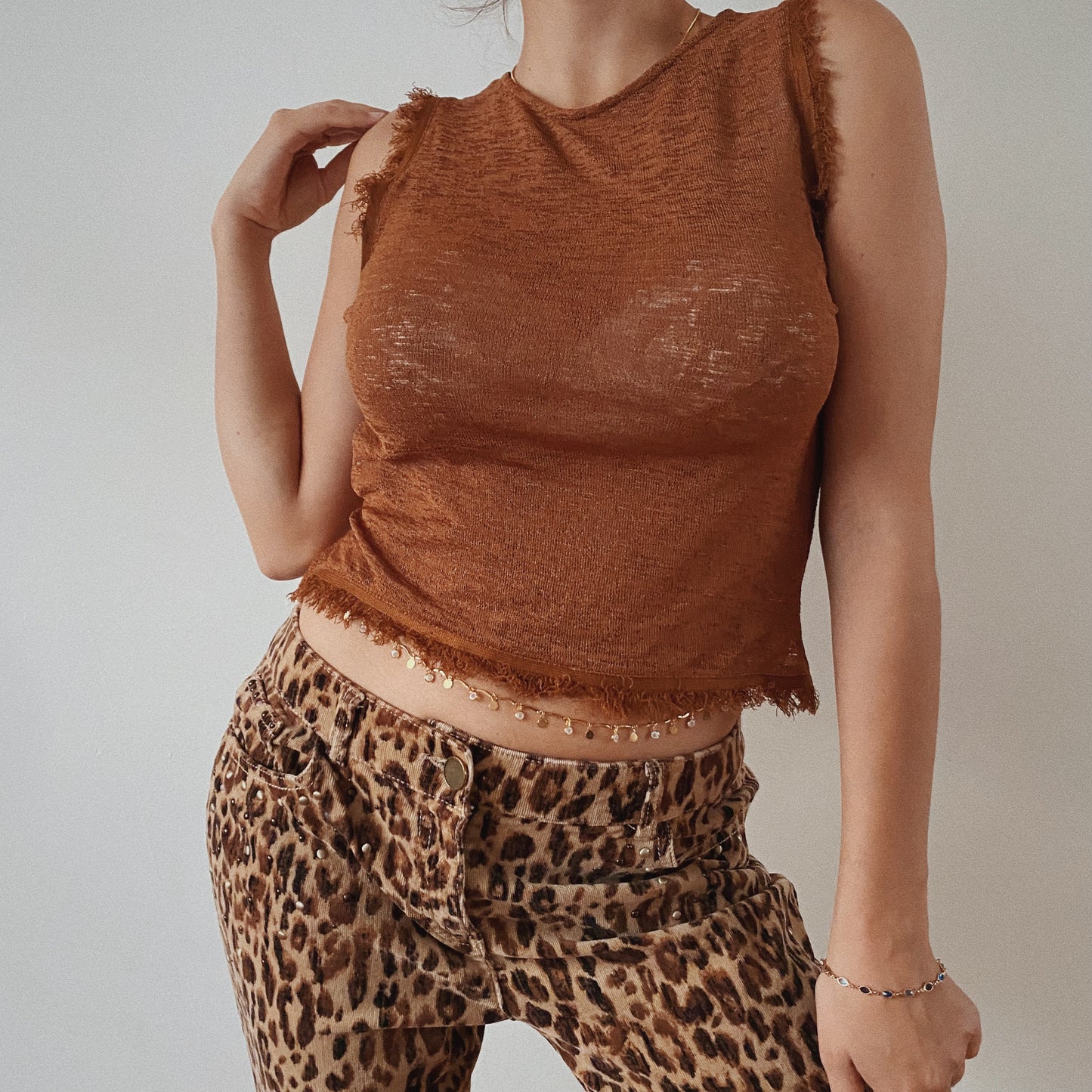 Mesh Brown Crop Top Raw Cut