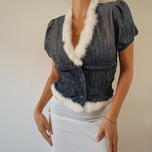 Cute Ruched Denim Blouse Faux Fur Trim