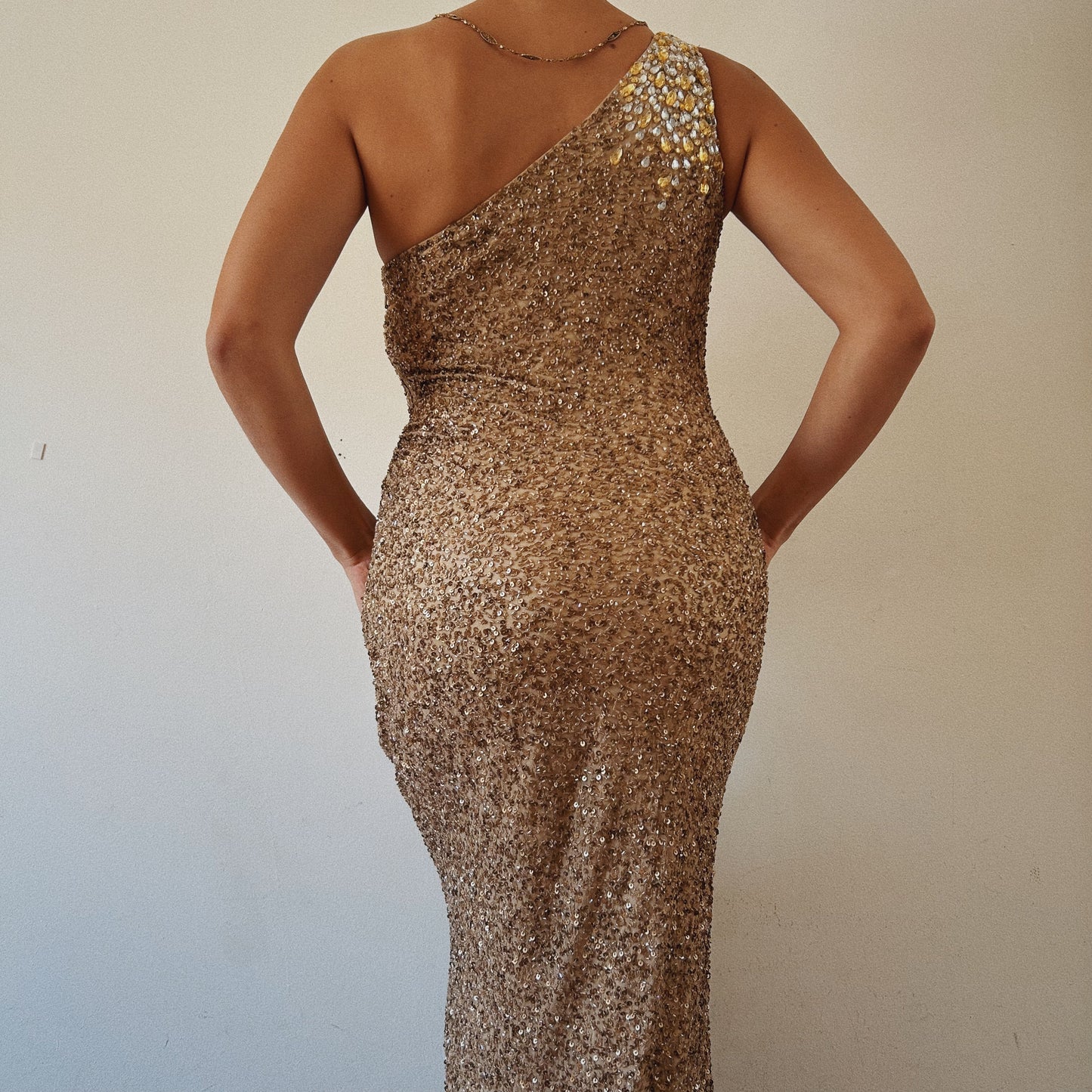Stunning Golden One Shoulder Beaded Gown