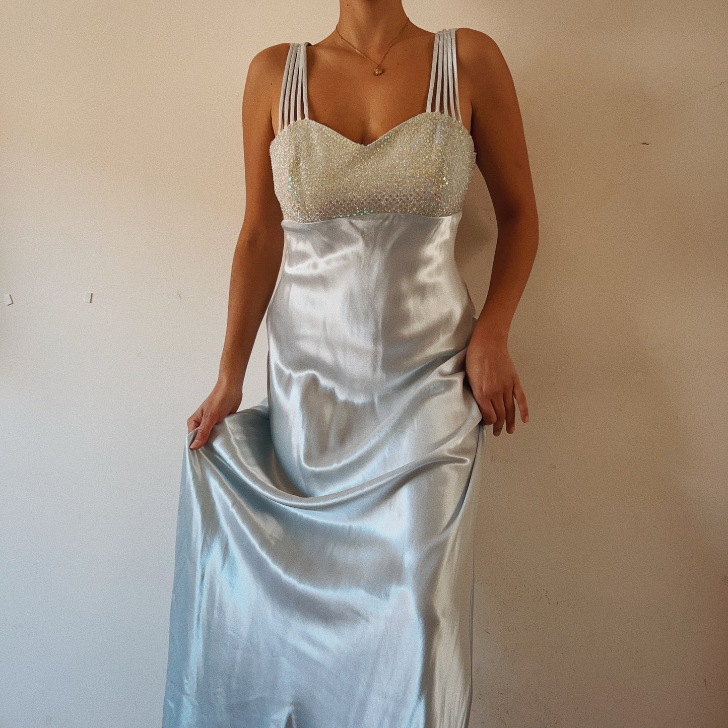 Baby Blue Satin Maxi Dress With Embellished Bustier