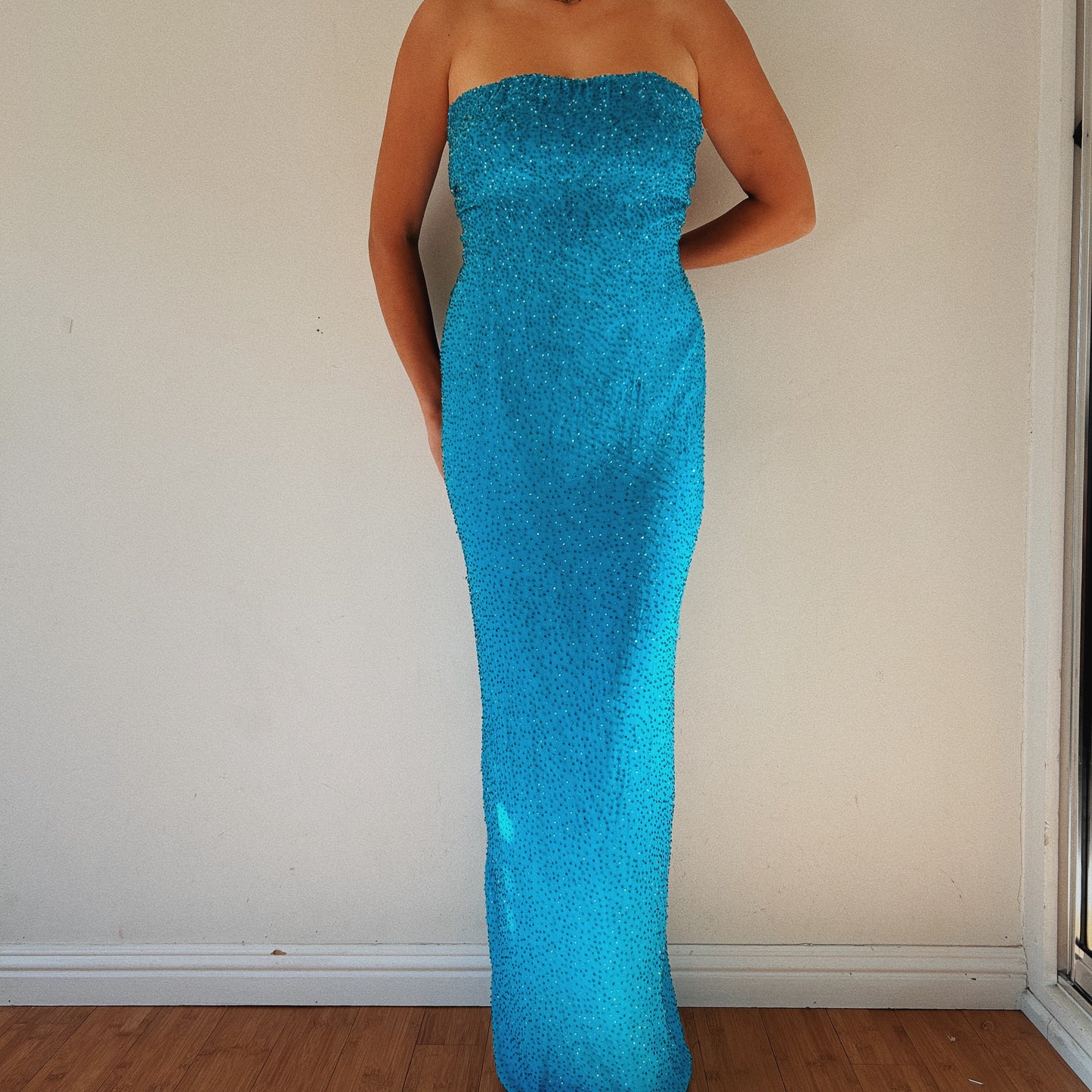 Mermaid Blue Beaded Strapless Gown