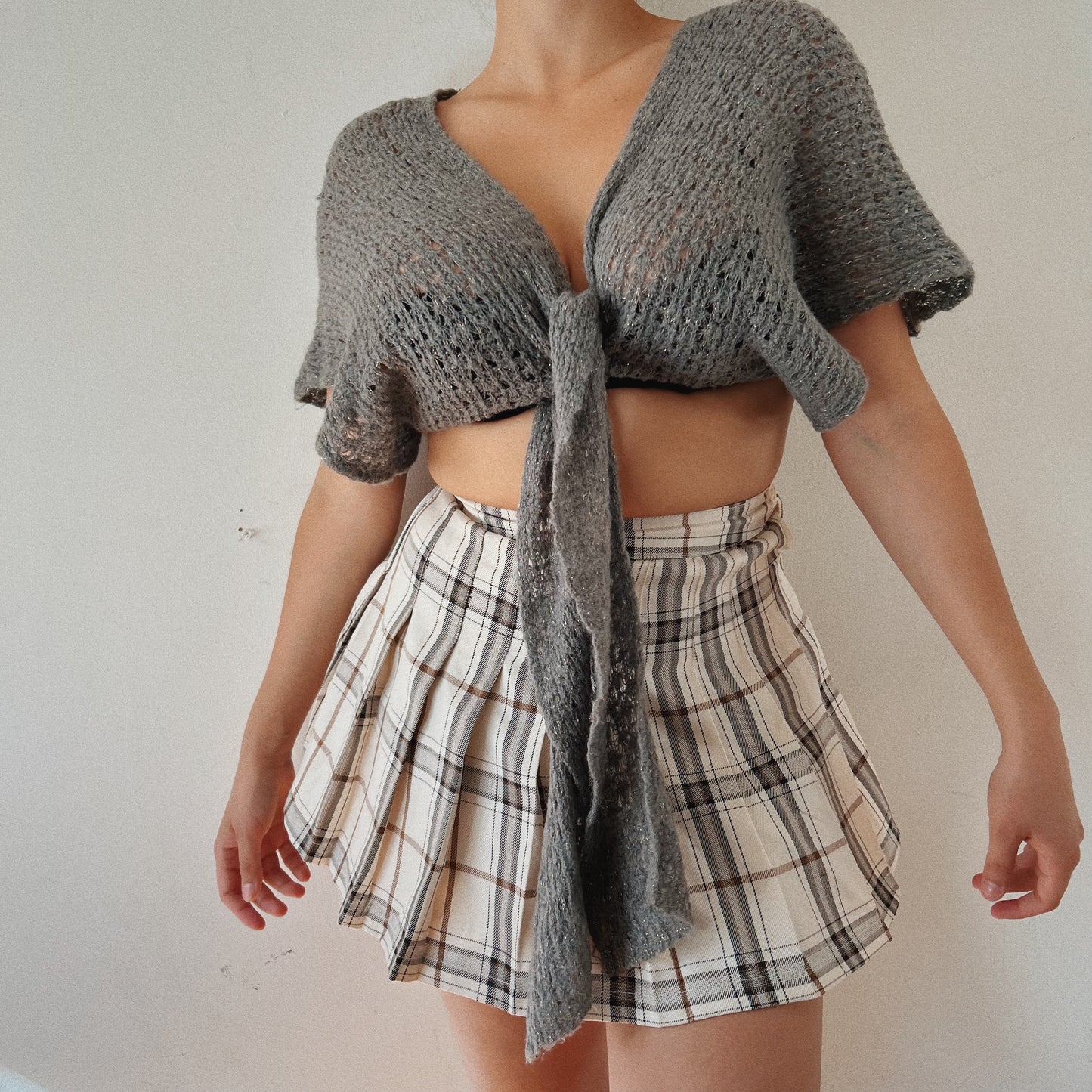 Grey knit tie front crop top