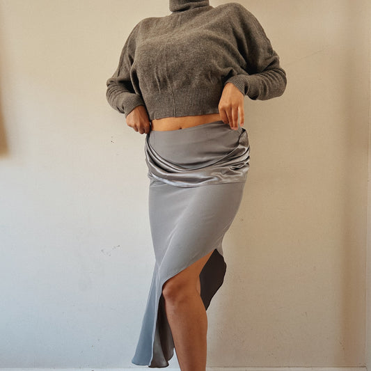 Silk grey midi skirt with side slit