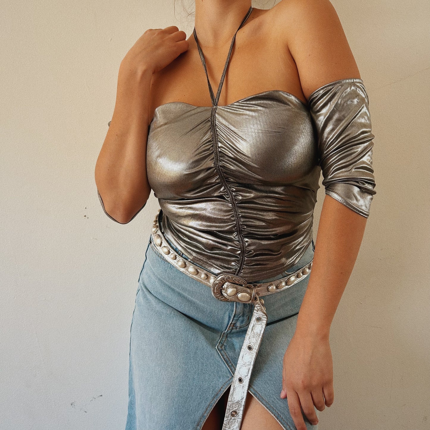 Y2K ruched off the shoulder silver top