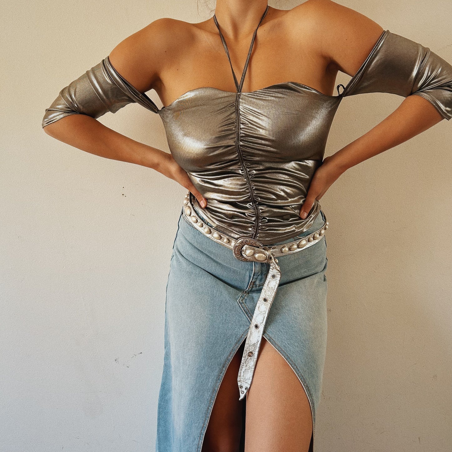 Y2K ruched off the shoulder silver top