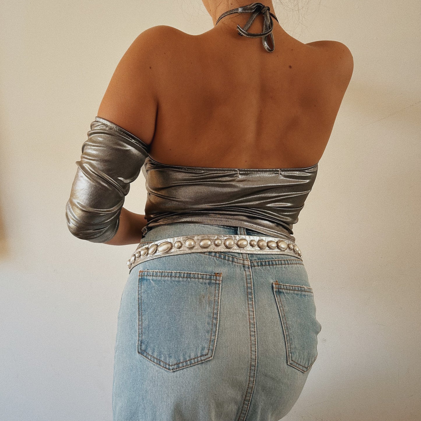 Y2K ruched off the shoulder silver top