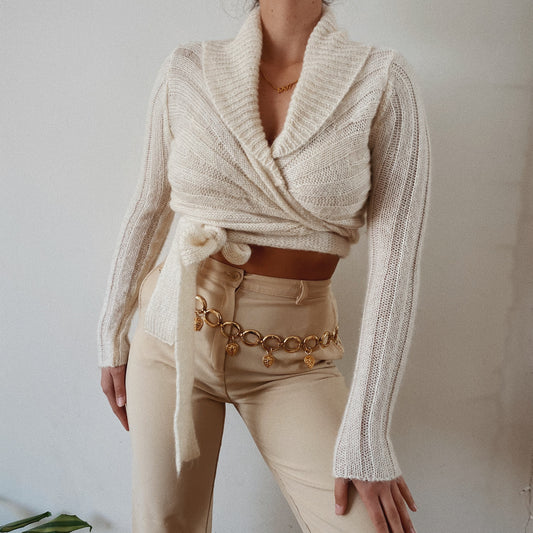 Cream Knit Wrap Crop Sweater