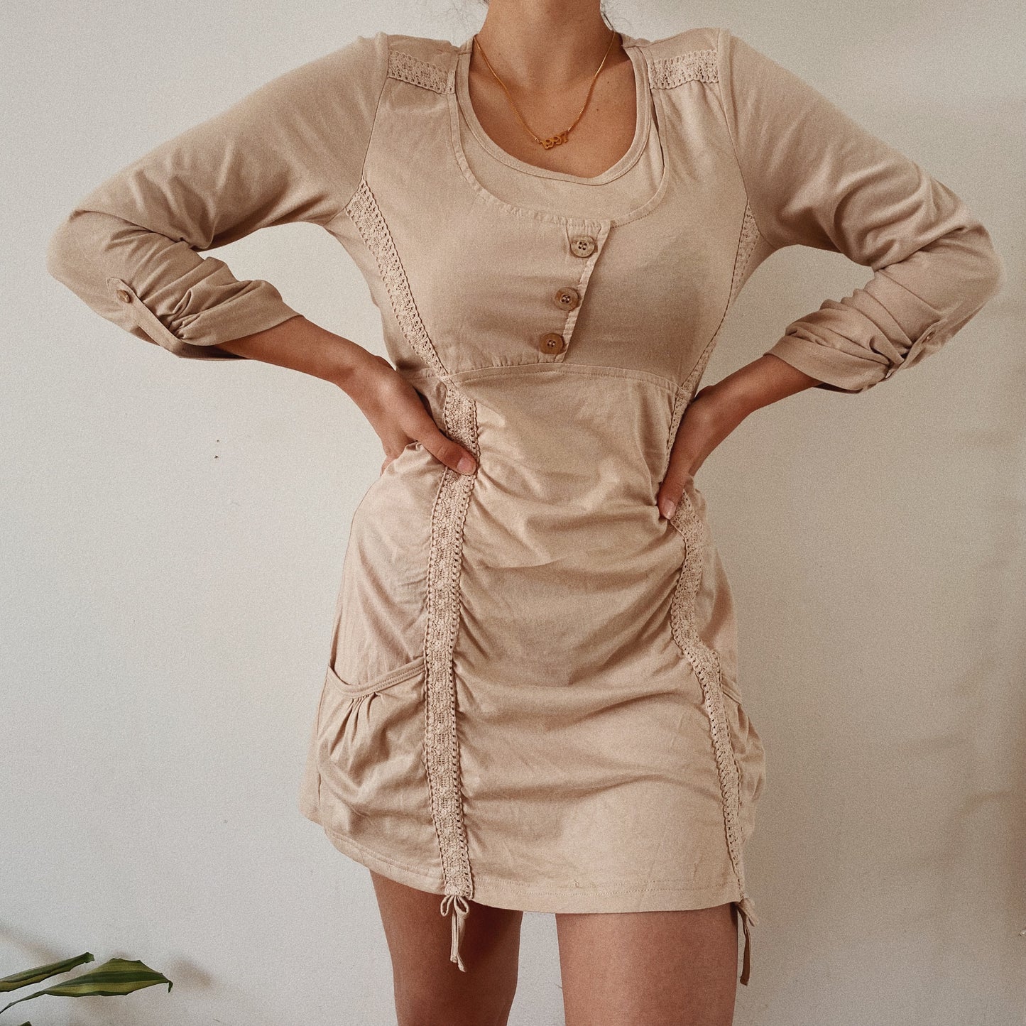 Long Sleeve Beige Cotton Ruched Dress