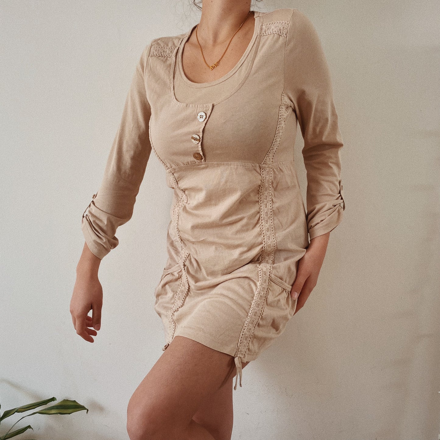 Long Sleeve Beige Cotton Ruched Dress