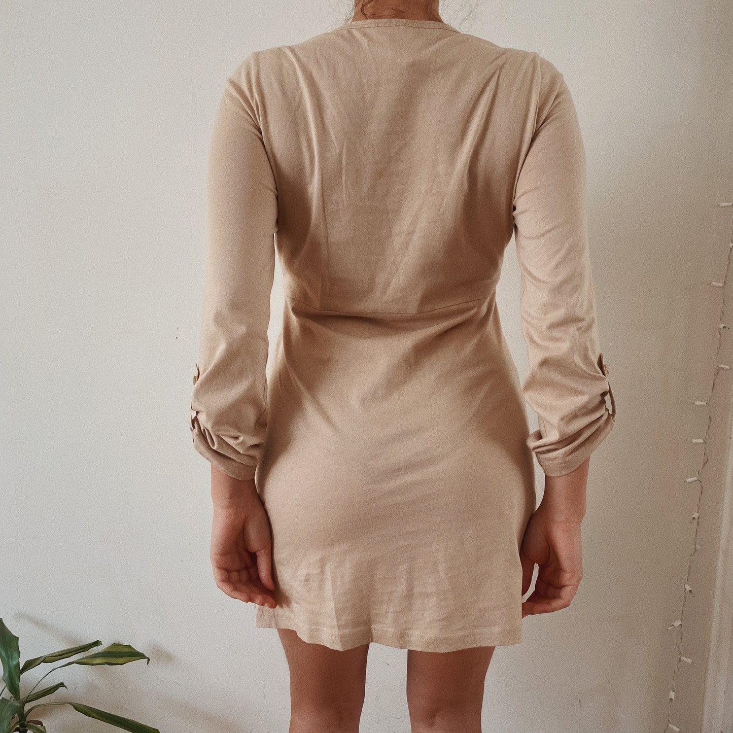 Long Sleeve Beige Cotton Ruched Dress