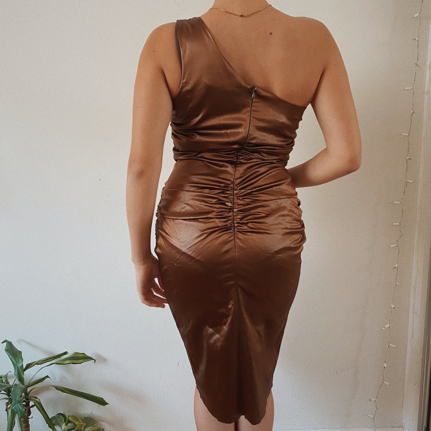 Bronze Midi Chocolate One Shoulder Dress