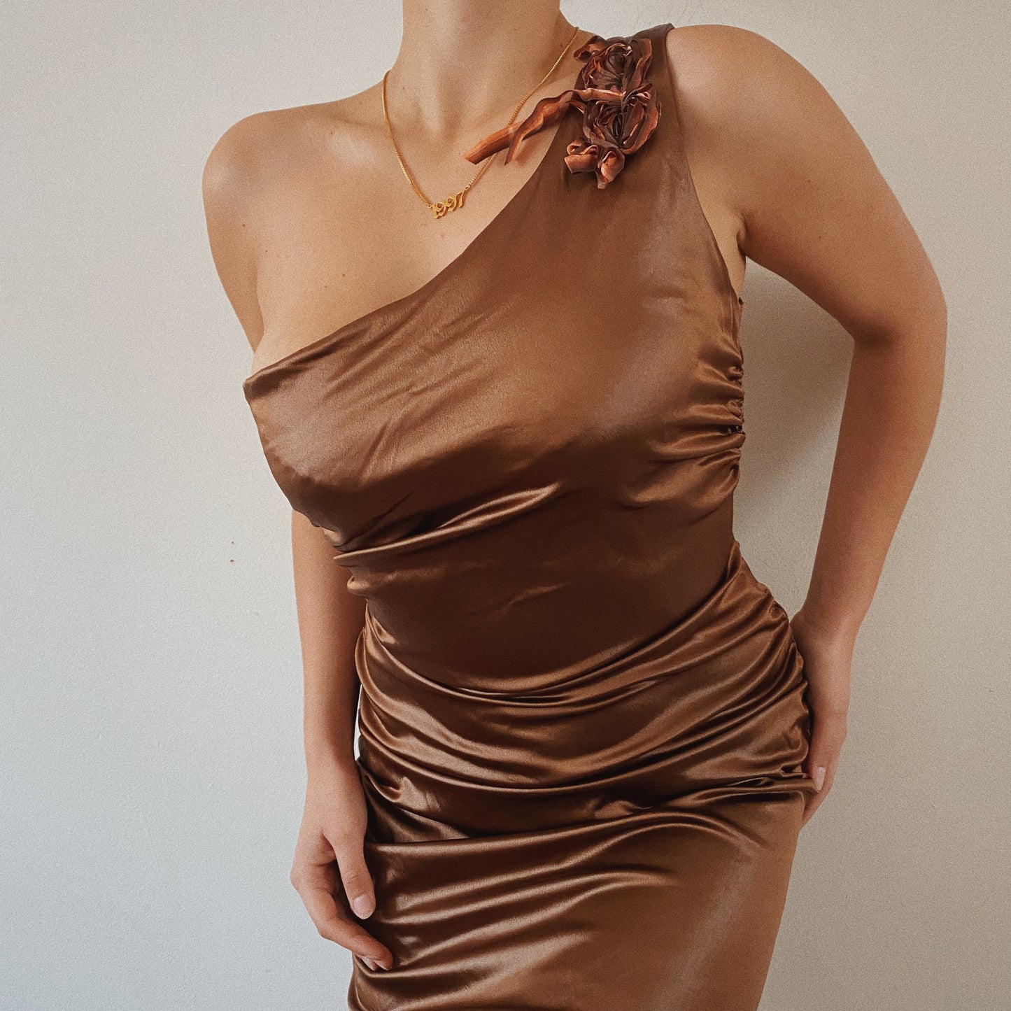 Bronze Midi Chocolate One Shoulder Dress