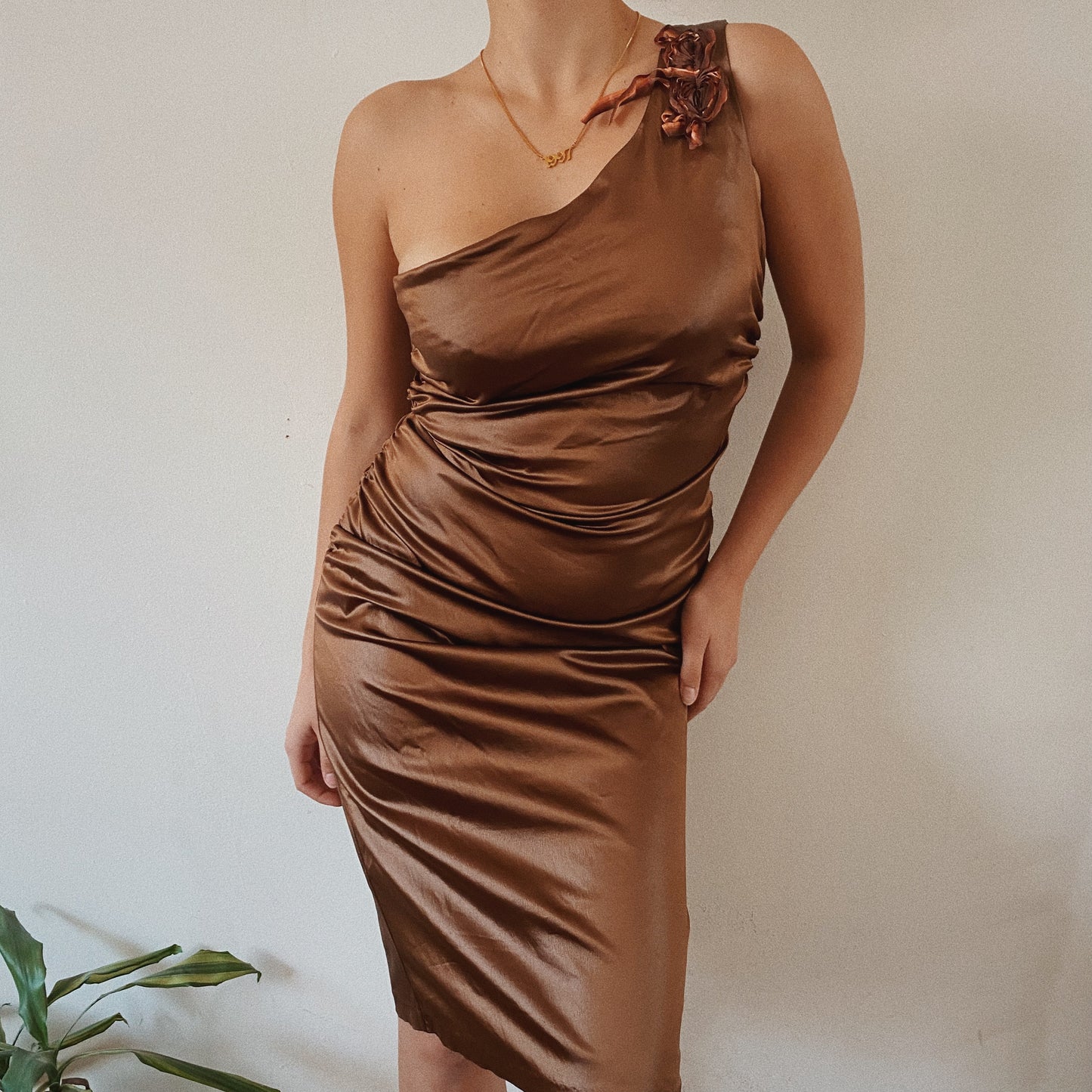 Bronze Midi Chocolate One Shoulder Dress