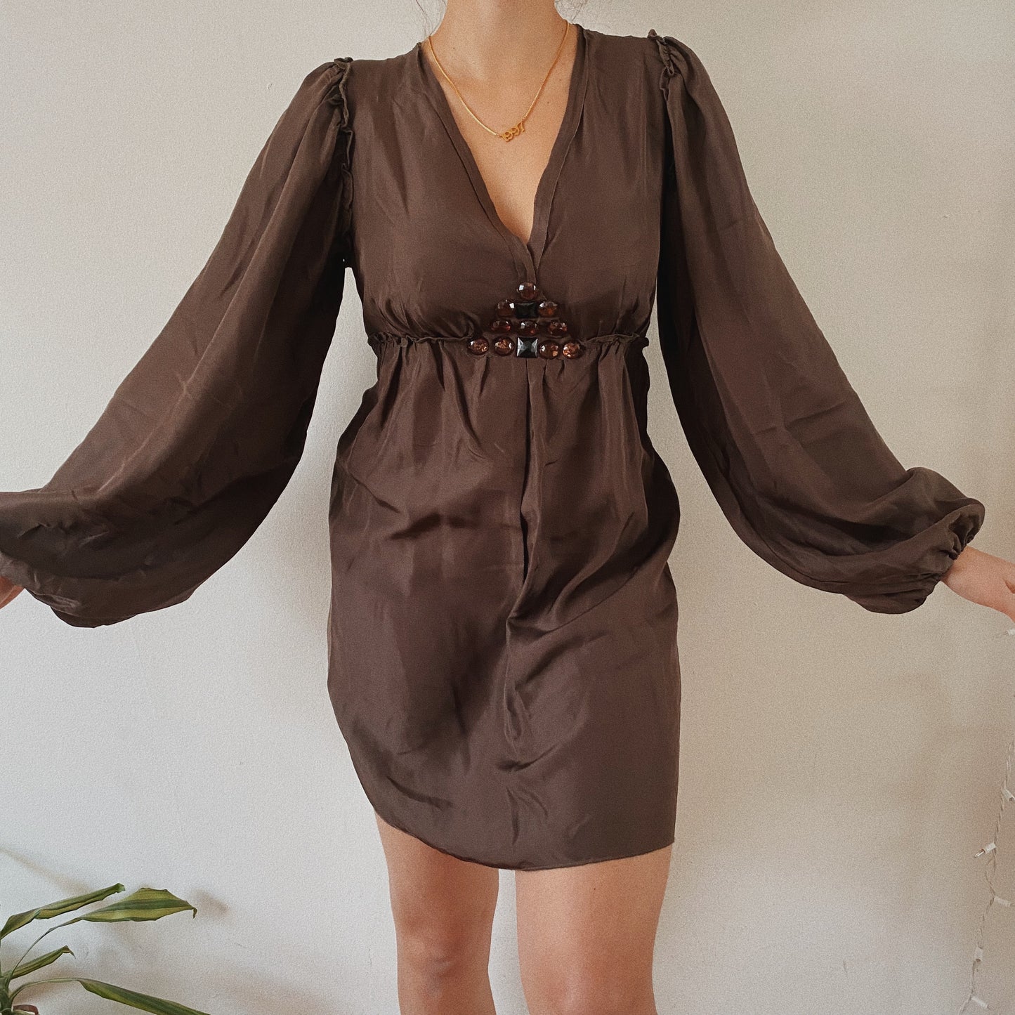 100% Silk Puffed Sleeves 70s Brown Dress