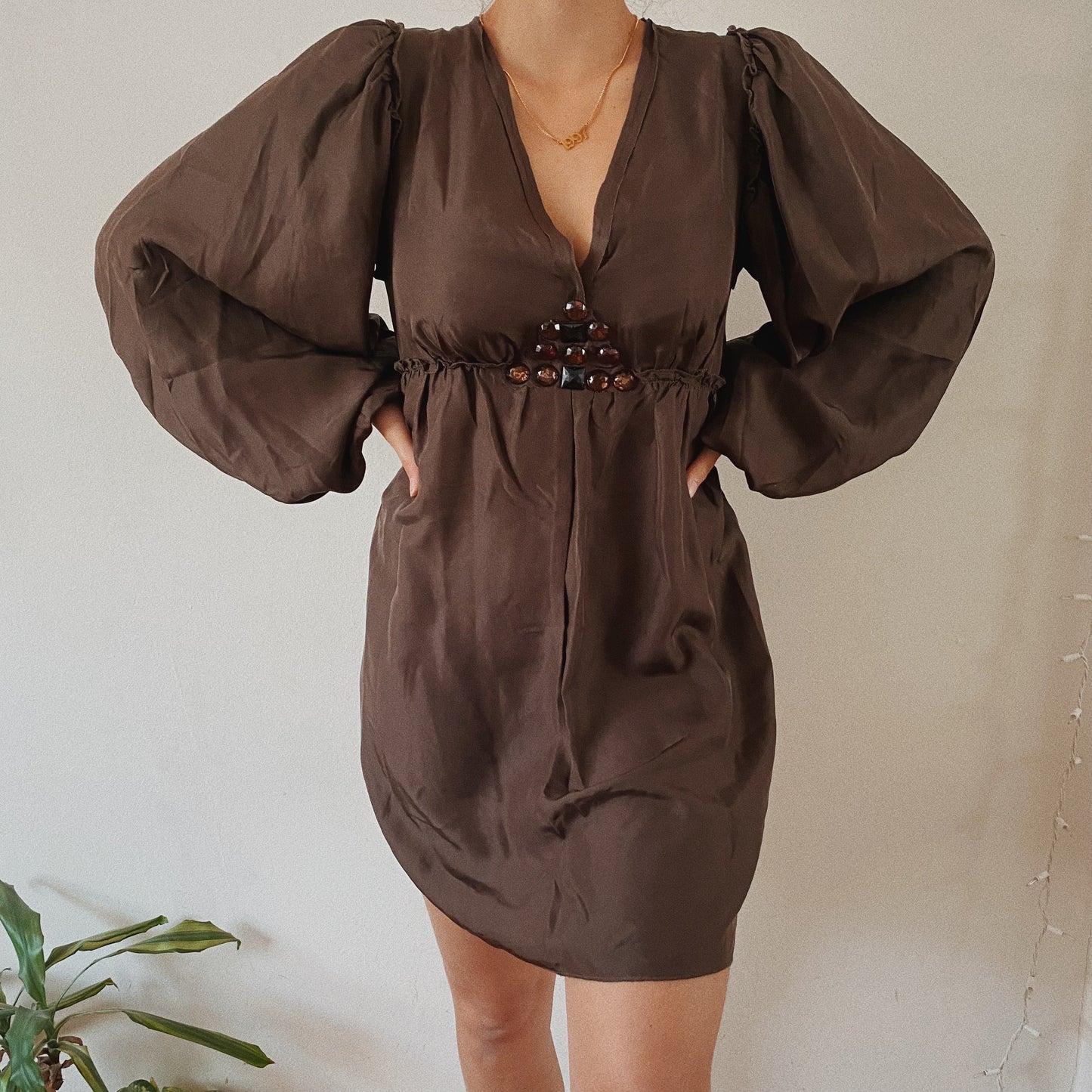 100% Silk Puffed Sleeves 70s Brown Dress