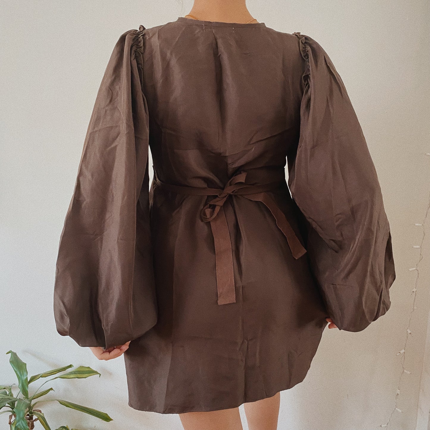 100% Silk Puffed Sleeves 70s Brown Dress