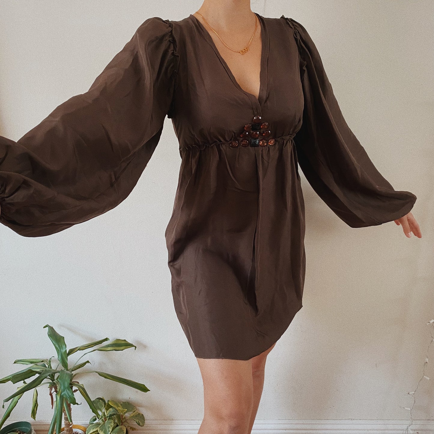 100% Silk Puffed Sleeves 70s Brown Dress