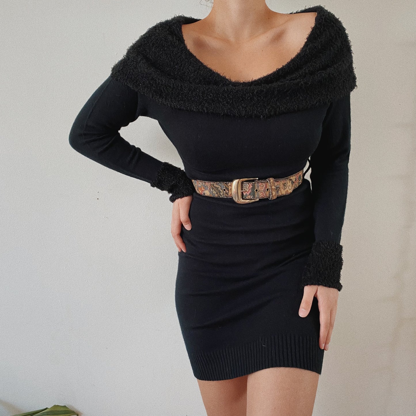 Ultimate 90s  Fuzzy Off the Shoulder Black Dress