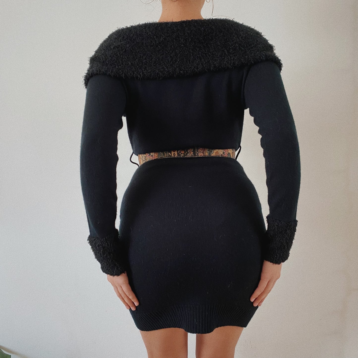 Ultimate 90s  Fuzzy Off the Shoulder Black Dress