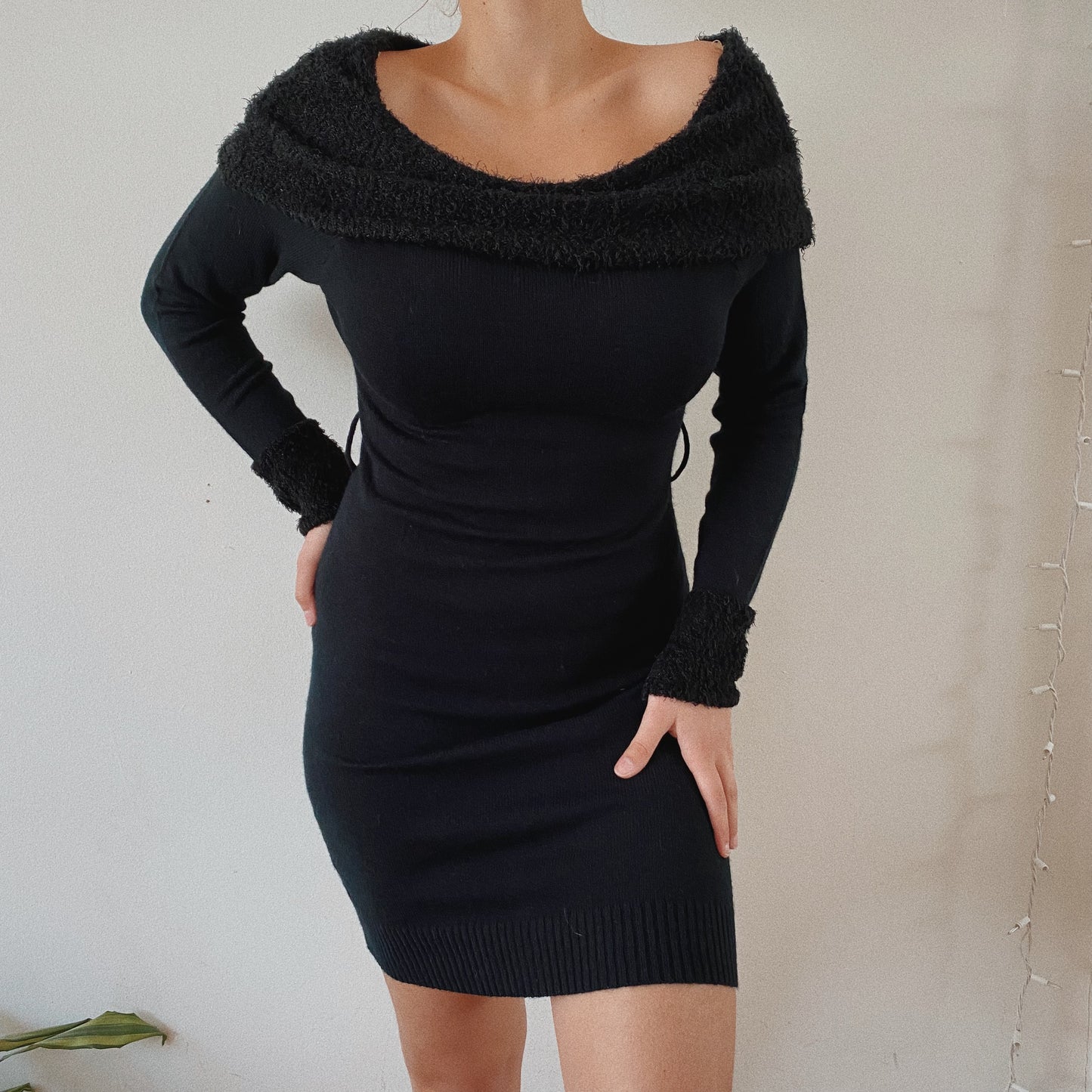 Ultimate 90s  Fuzzy Off the Shoulder Black Dress