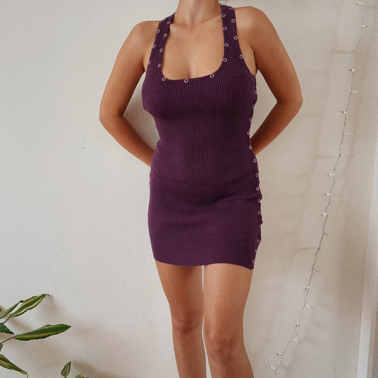 Purple Micro Ribbed Mini Dress  Button Up Details