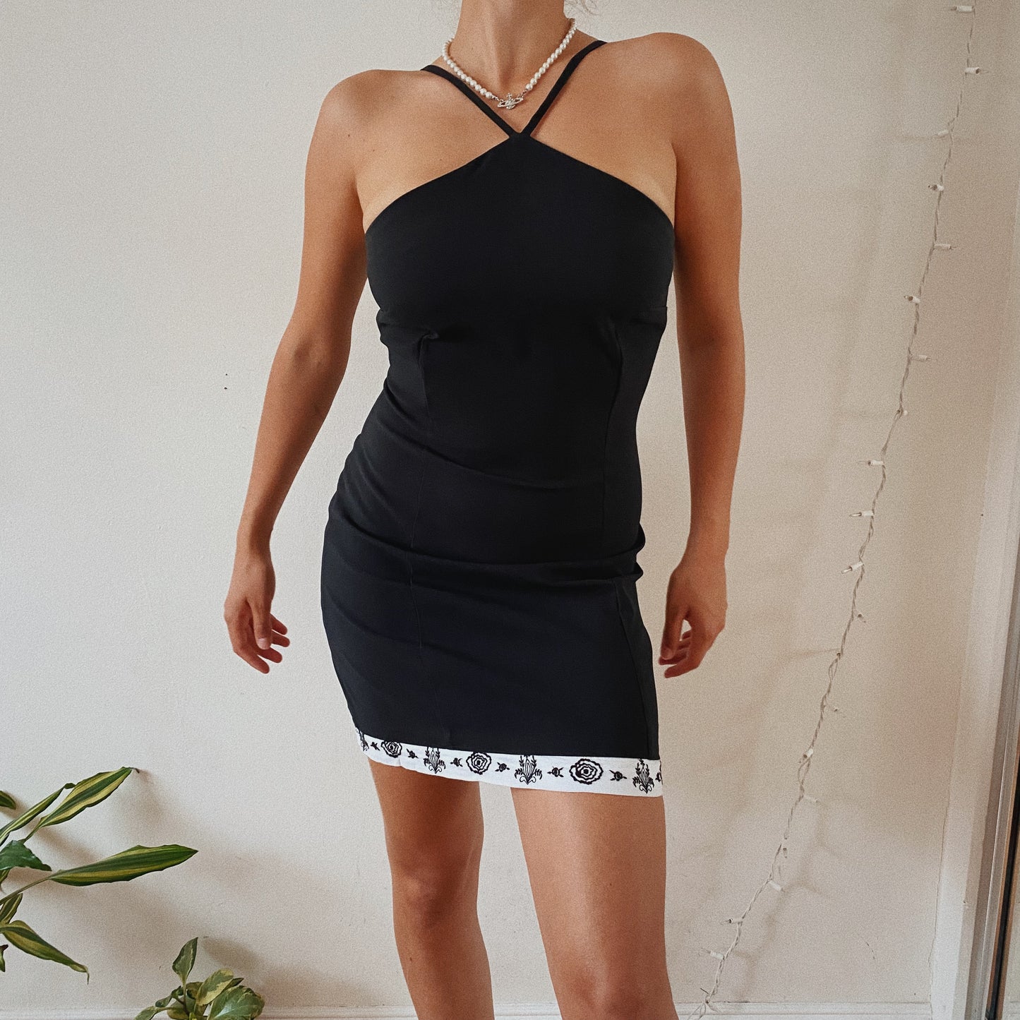 Halter Mini Embroidered Black Dress