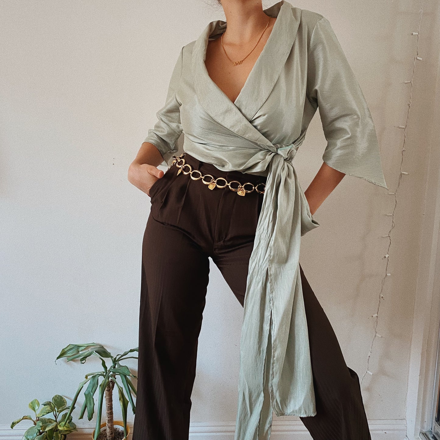 Silk Sage Vintage Blouse Extra Large Belt