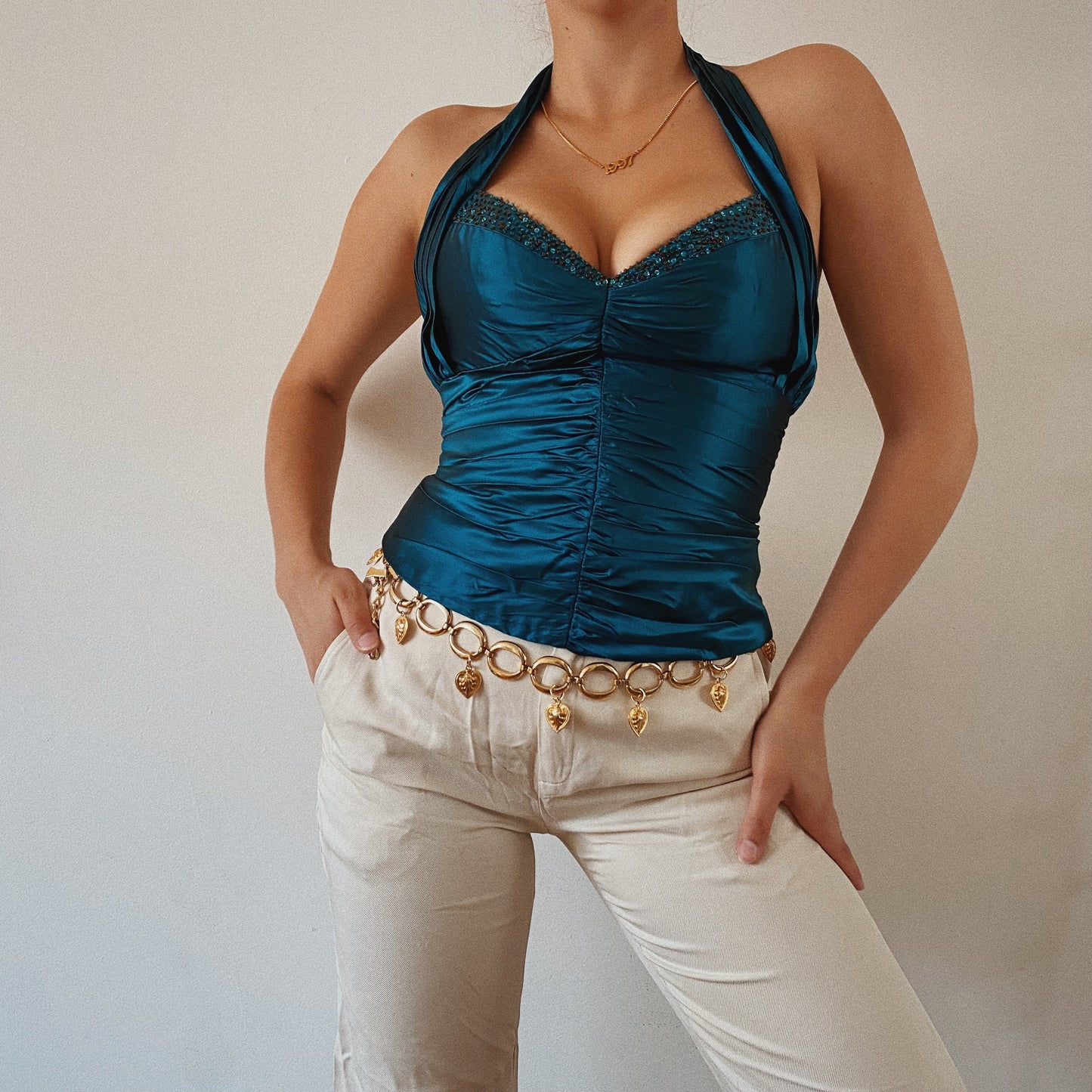 Silk Halter Ruched Embellished Mermaid Top