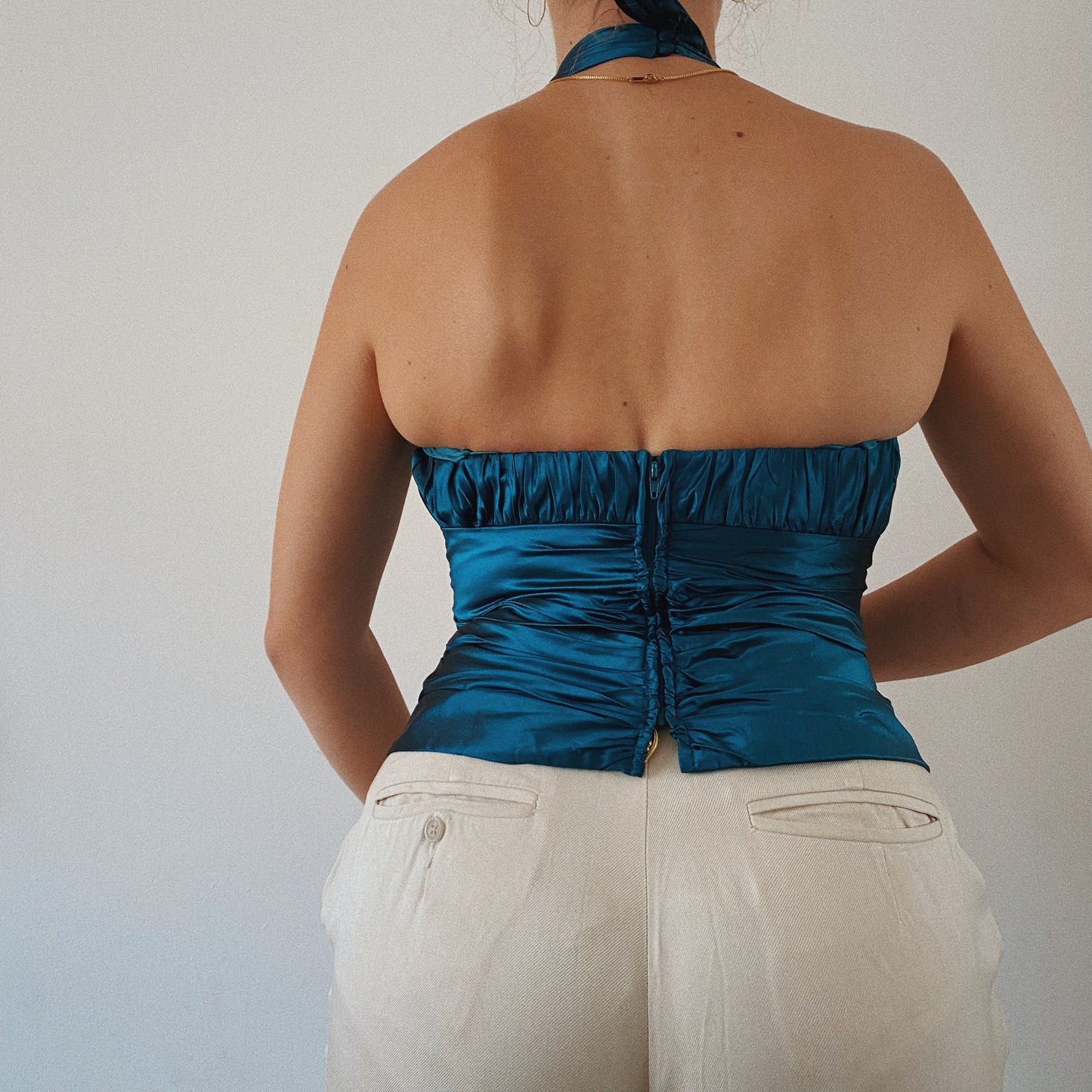 Silk Halter Ruched Embellished Mermaid Top