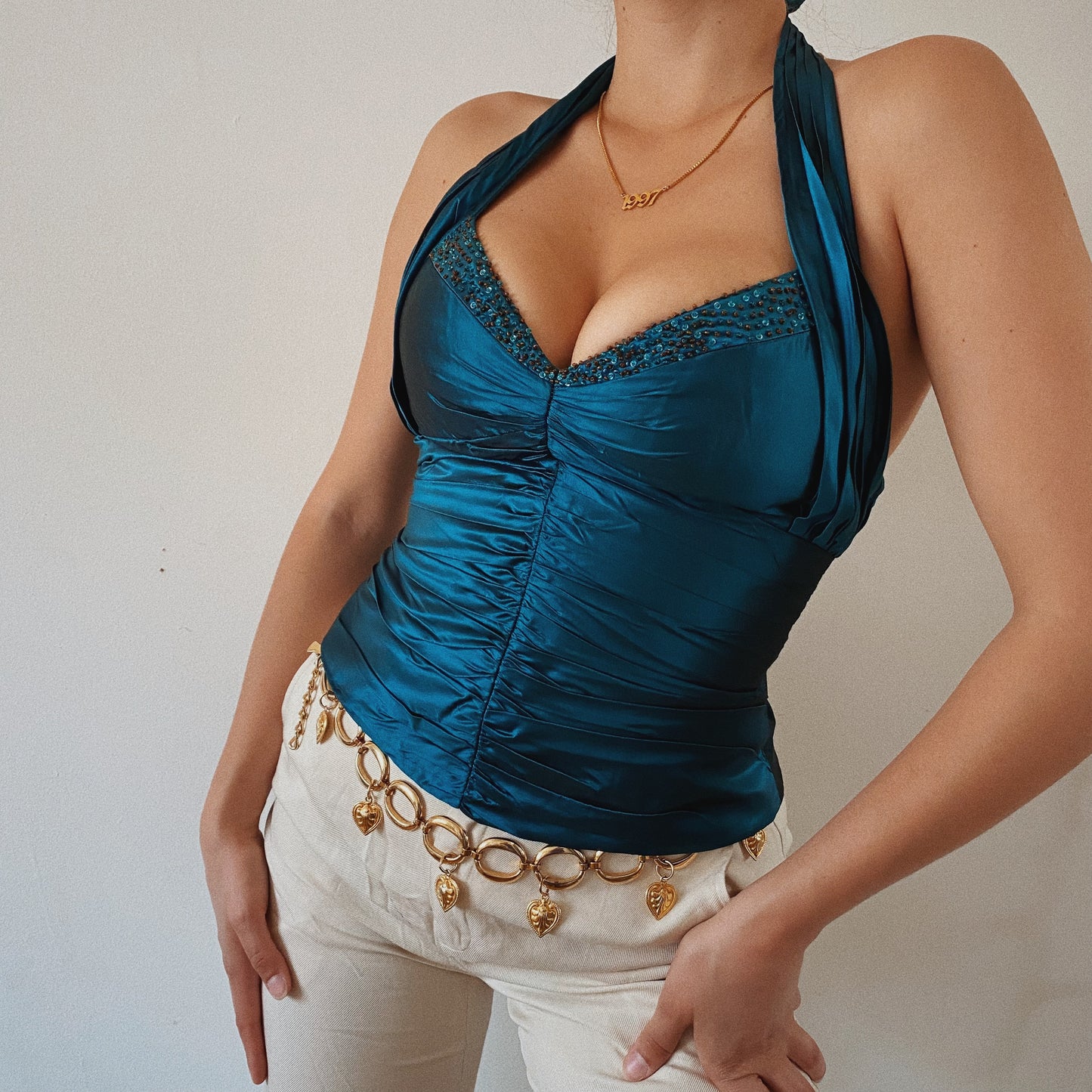 Silk Halter Ruched Embellished Mermaid Top