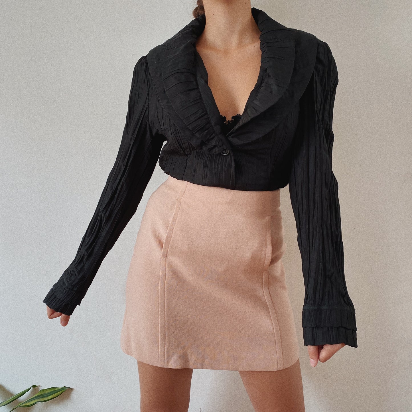 90s Vintage Ruched Black Button Up Blouse