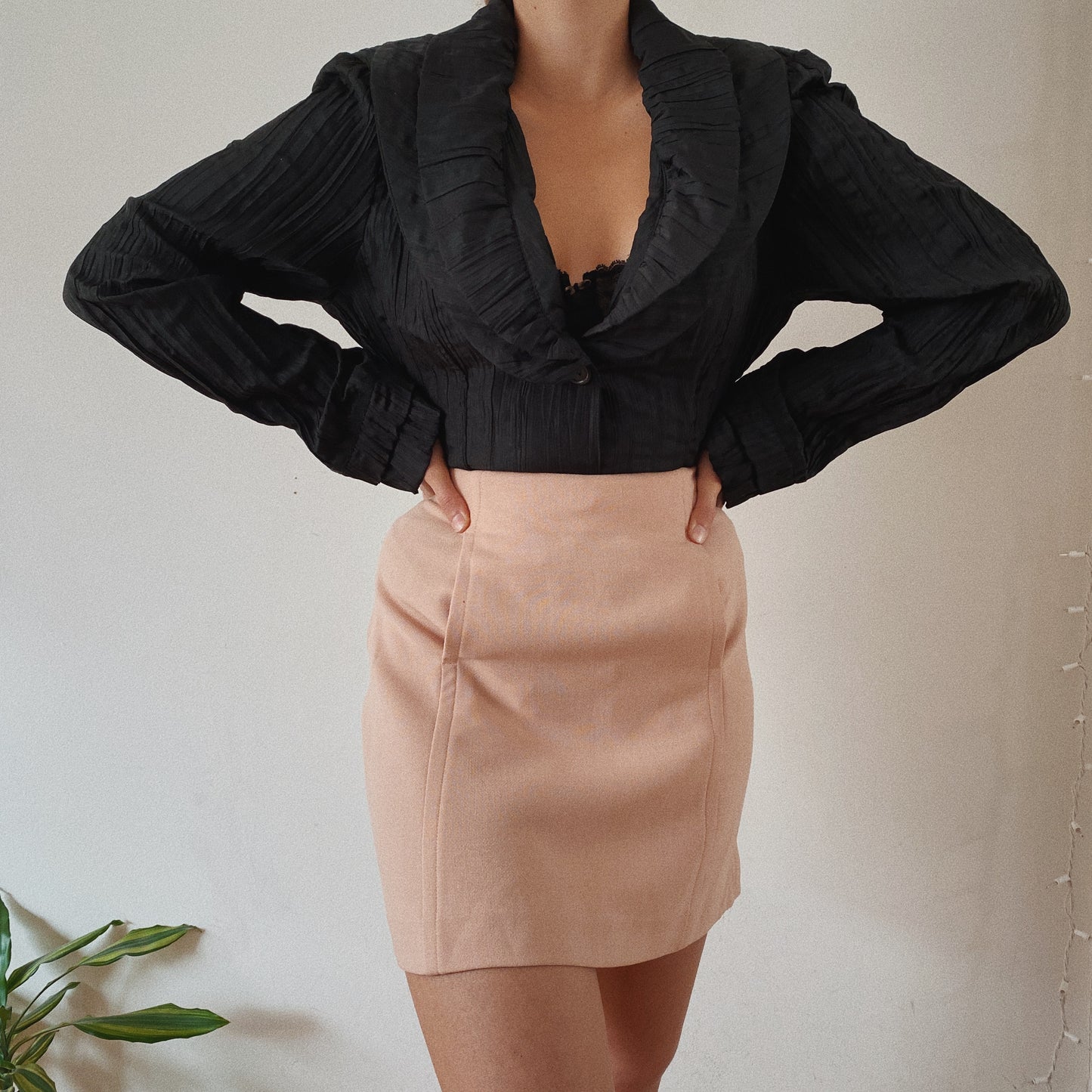 90s Vintage Ruched Black Button Up Blouse