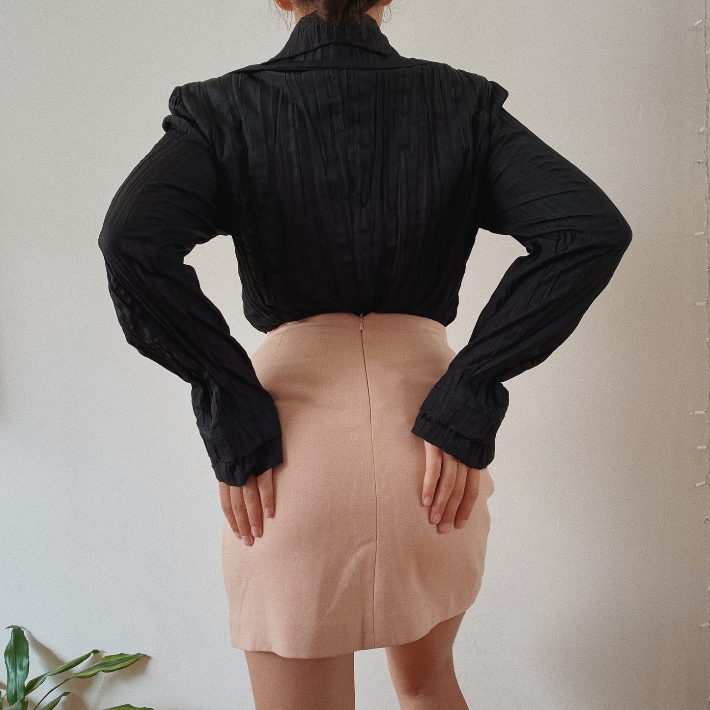 90s Vintage Ruched Black Button Up Blouse