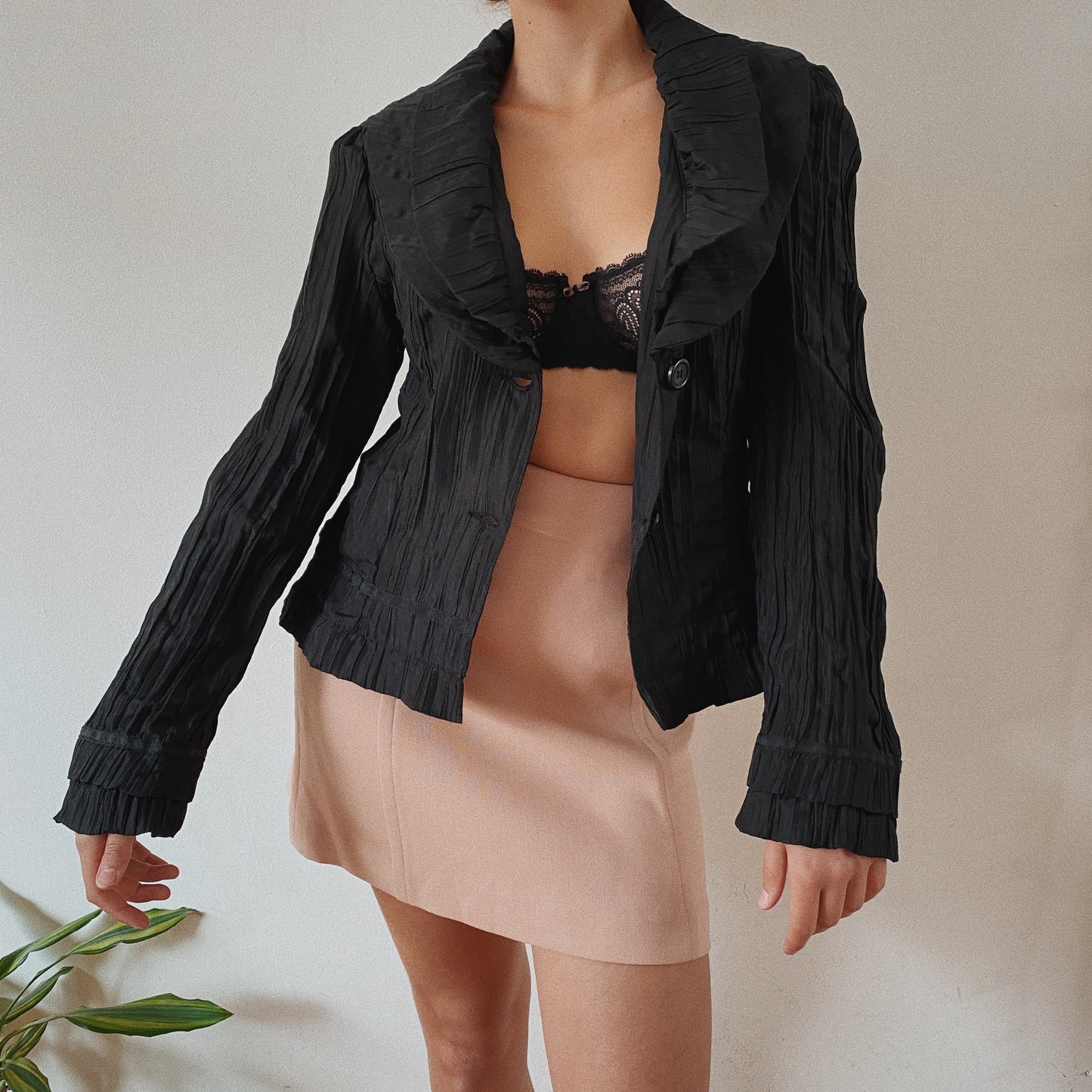 90s Vintage Ruched Black Button Up Blouse