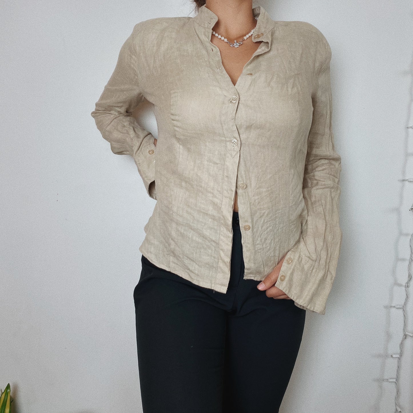 Linen Beige Fitted Button Up