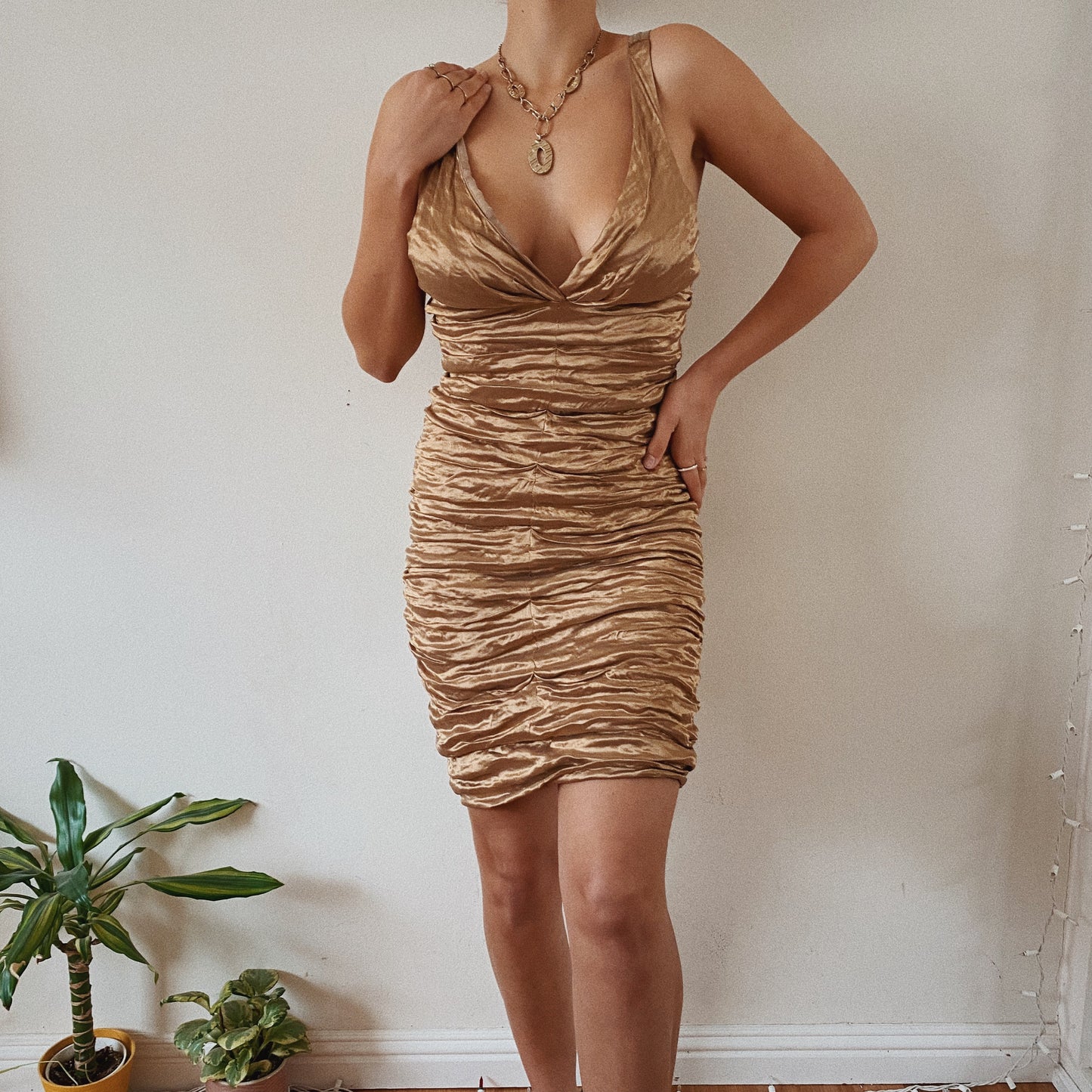 Golden Ruched Vintage Party Dress