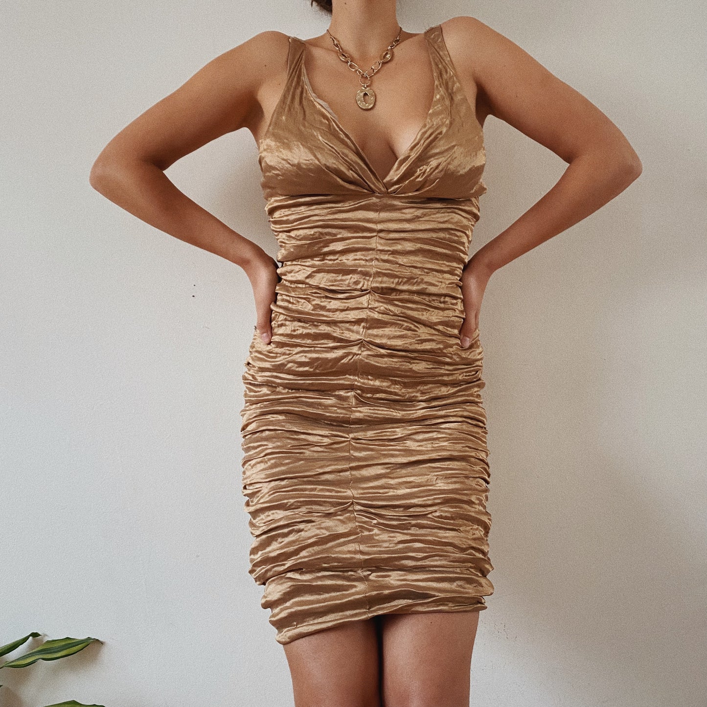 Golden Ruched Vintage Party Dress