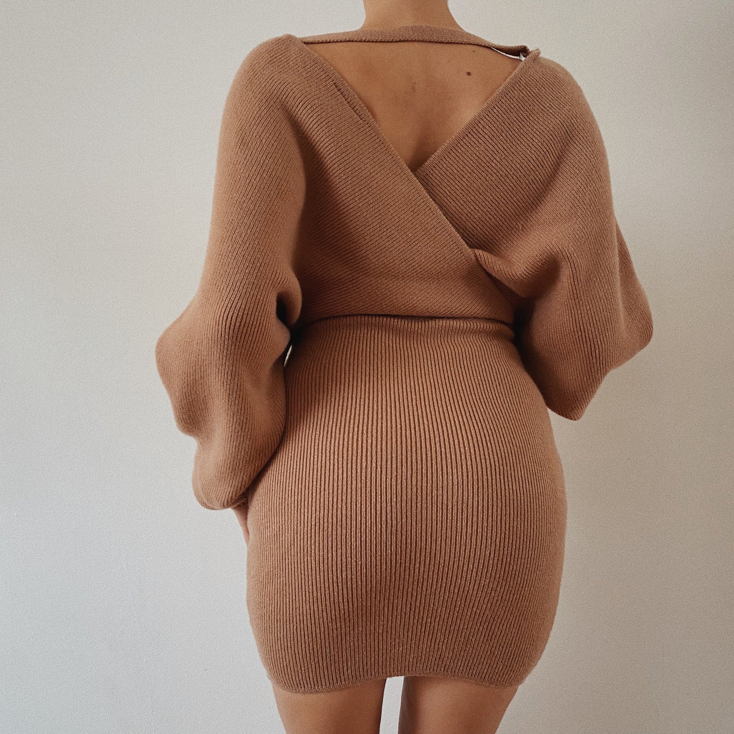 Belted Nude Ribbed Knit Dress